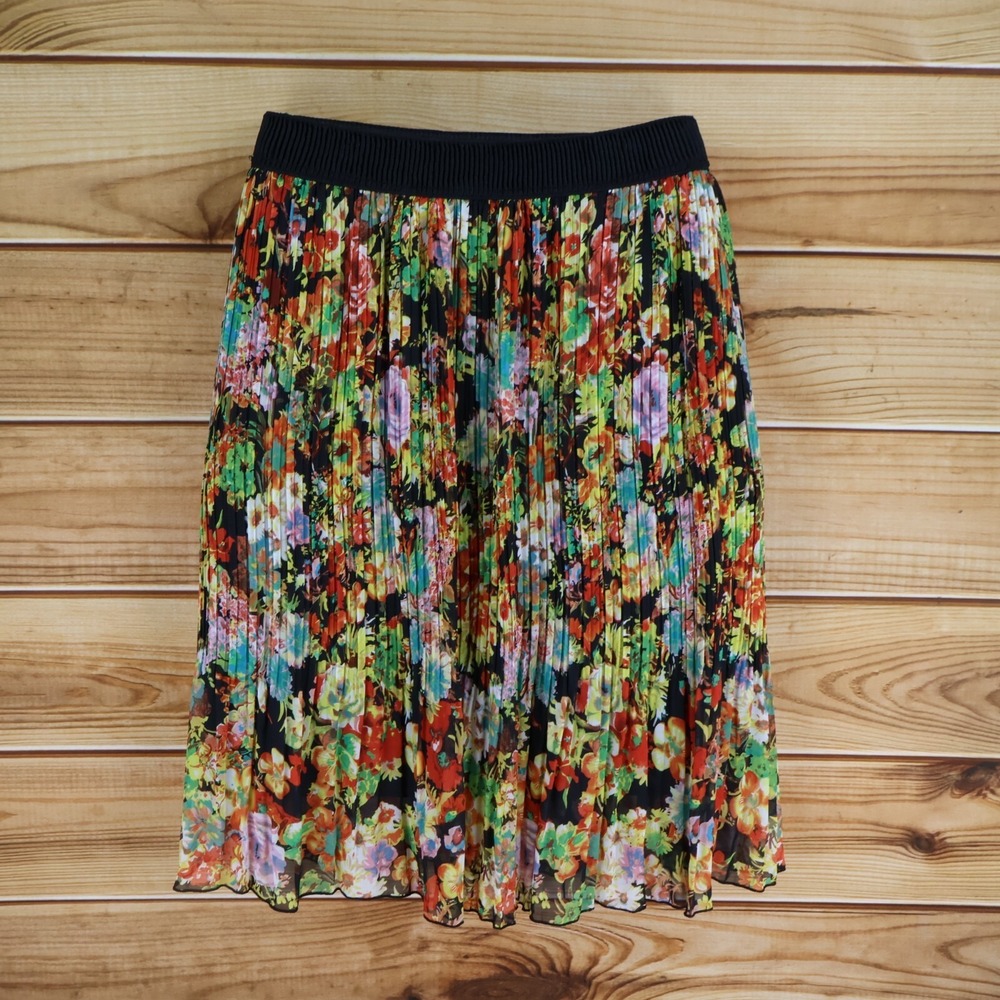 Studio West Apparel Pleated Skirt Womens L Colorful Floral Elastic Waist Lined